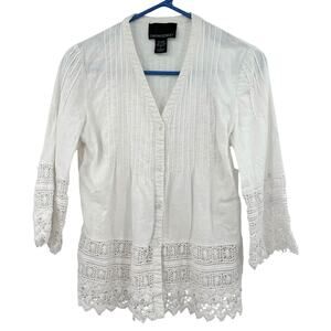 Cynthia Rowley Size Small White Button Up Shirt Blouse Top Linen‎ Blend Crochet